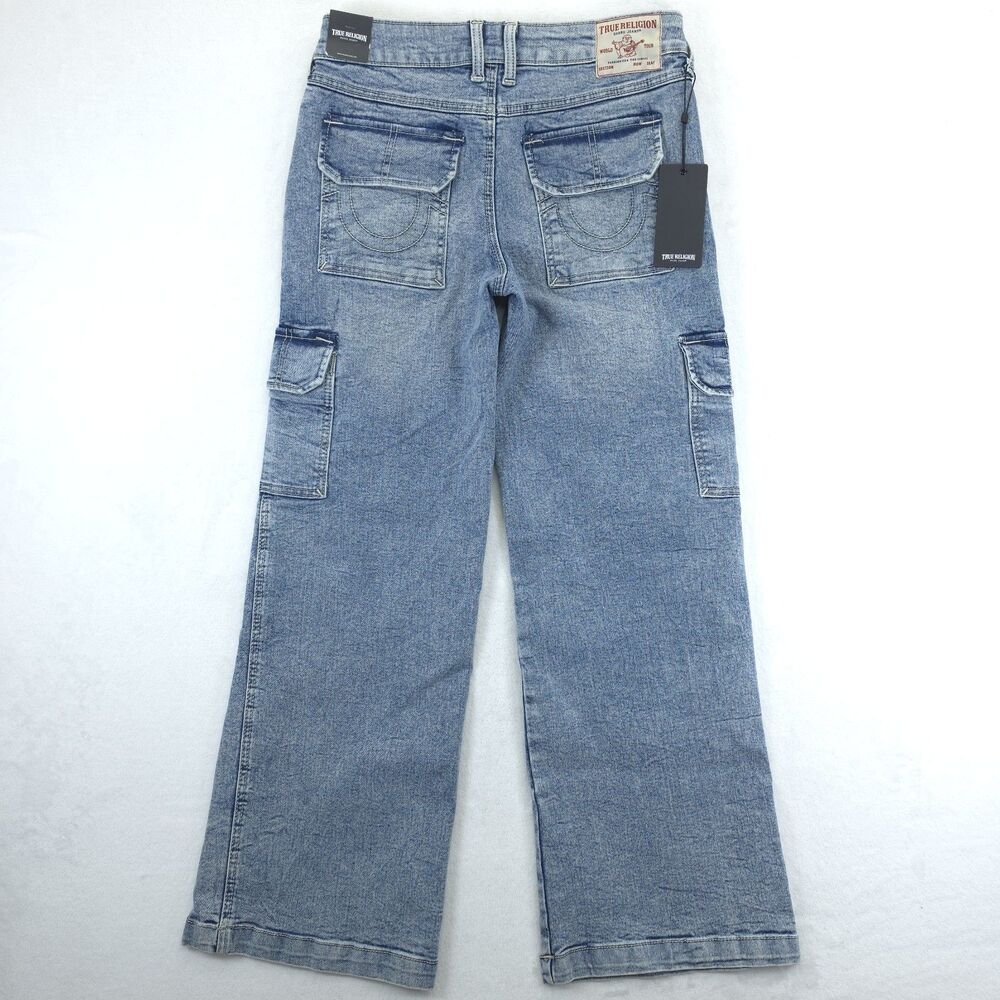 True Religion Women 26 Bobbi Baggy Cargo Y2K 90s Mid Rise Denim Blue Jeans NWT - Picture 2 of 12